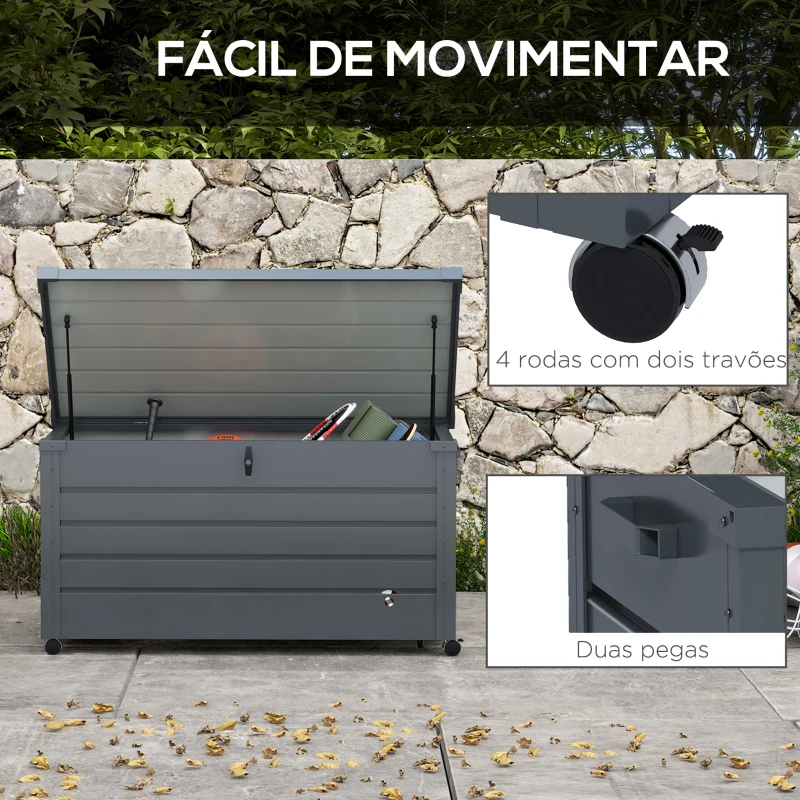 Outsunny Baú de Exterior 311 L Baú de Armazenamento de Aço Galvanizado com 1 Fechadura para Jardim 120x62x66 cm Cinza Escuro