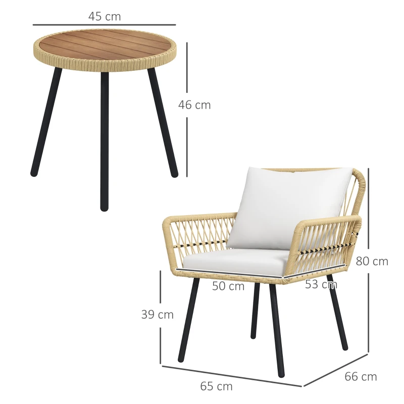 Outsunny Conjunto de Mesa e Poltronas para Jardim Exterior Jogo de 3 Peças de Vime com 2 Poltronas 1 Mesa para Terraço Natural