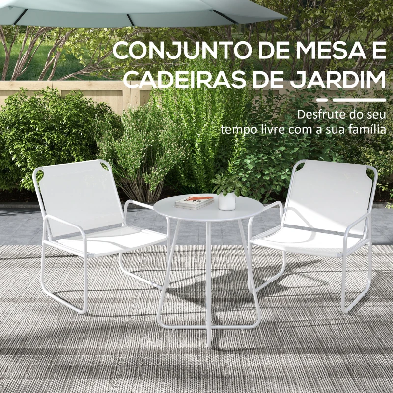 Outsunny Conjunto de Móveis de Jardim com 1 Mesa Redonda e 2 Cadeiras Estrutura de Aço e Apoio para os Braços Branco