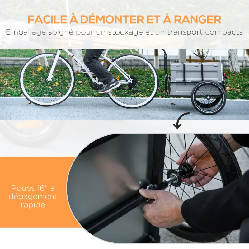 HOMCOM Remorque à vélo avec coffre de rangement amovible et pliable de 65L, réflecteurs de sécurité, charge max. 40KG, gris