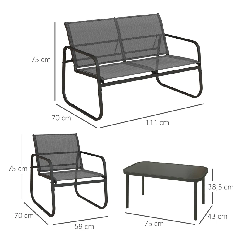 Outsunny Conjunto de Móveis de Jardim 4 Peças Móveis de Varanda com 2 Poltronas 1 Sofá de 2 Lugares e Mesa de Centro Preto