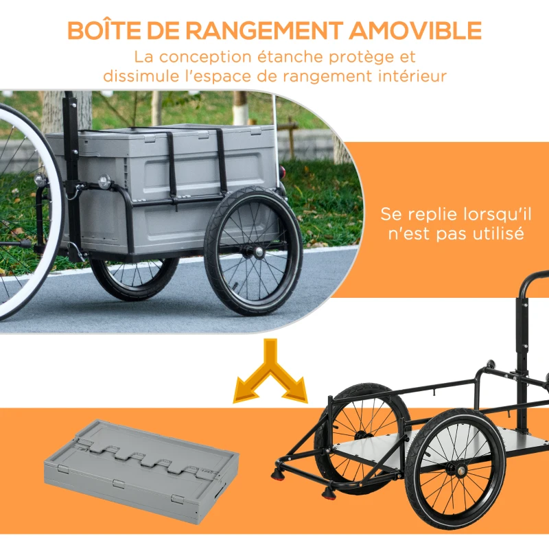 HOMCOM Remorque à vélo avec coffre de rangement amovible et pliable de 65L, réflecteurs de sécurité, charge max. 40KG, gris