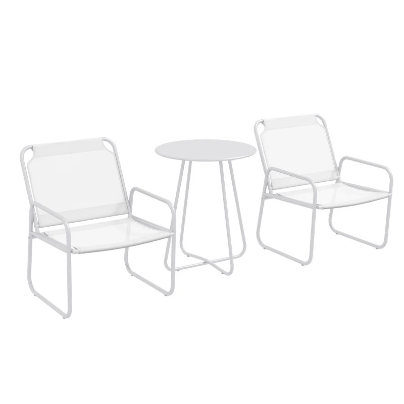 Outsunny Conjunto de Móveis de Jardim com 1 Mesa Redonda e 2 Cadeiras Estrutura de Aço e Apoio para os Braços Branco