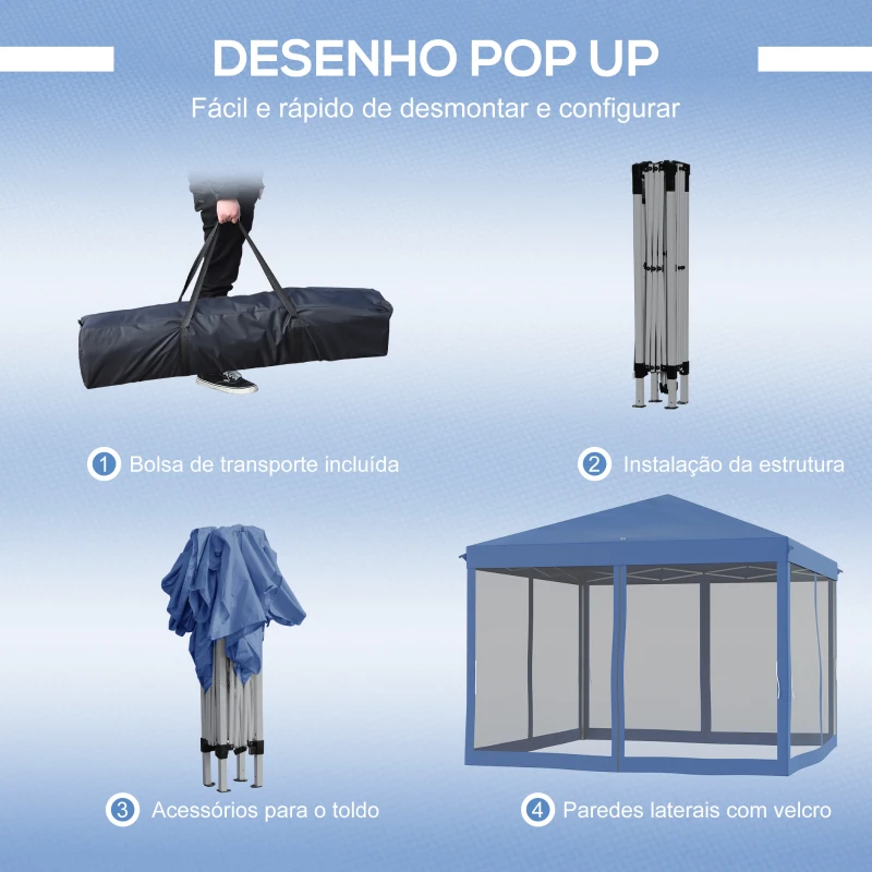 Outsunny Tenda Dobrável 295x295x260 cm com 4 Paredes Laterais de Malha 8 Orifícios de Drenagem e Bolsa de Transporte Azul