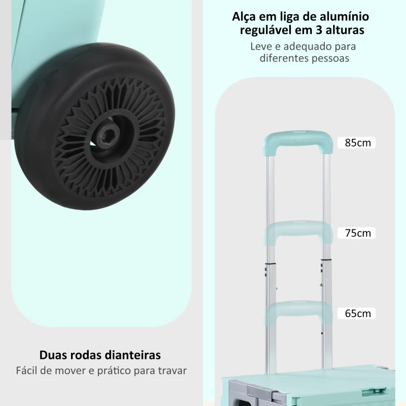 HOMCOM Carrinho de Armazenamento Dobrável Carrinho de Compras com 2 Rodas Capacidade 32L para Casa 41,5x32,5x85 cm Verde