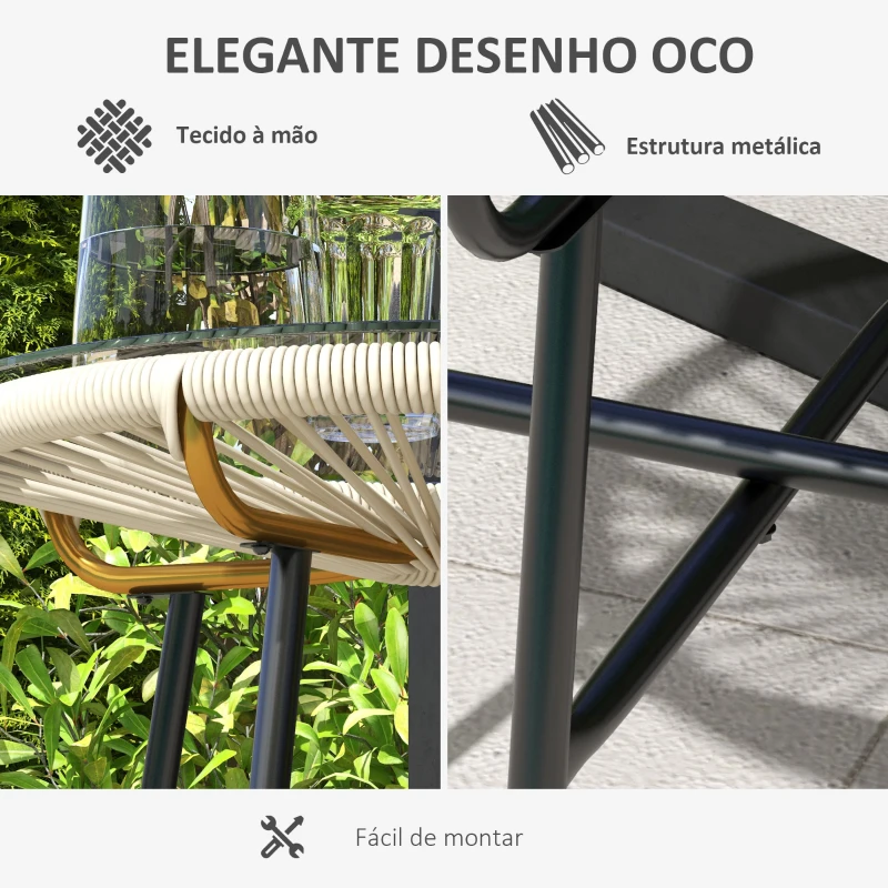 Outsunny Mesa Auxiliar de Vime Sintético para Exteriores com Bancada de Vidro Temperado e Pés de Metal Ø50x50 cm Creme e e Preto