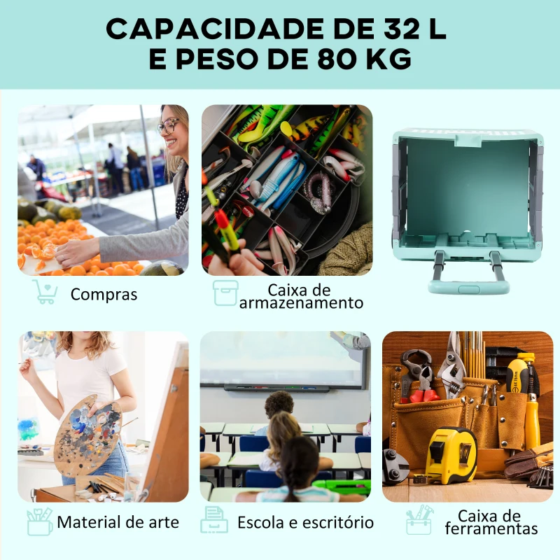 HOMCOM Carrinho de Armazenamento Dobrável Carrinho de Compras com 2 Rodas Capacidade 32L para Casa 41,5x32,5x85 cm Verde
