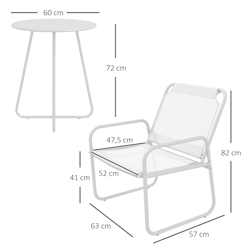 Outsunny Conjunto de Móveis de Jardim com 1 Mesa Redonda e 2 Cadeiras Estrutura de Aço e Apoio para os Braços Branco