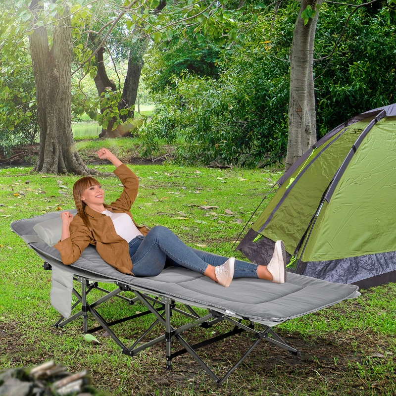 Outsunny Lit de camp pliable transat avec matelas, appui-tête, pochette latérale et sac intégré, en métal et tissu Oxford, gris