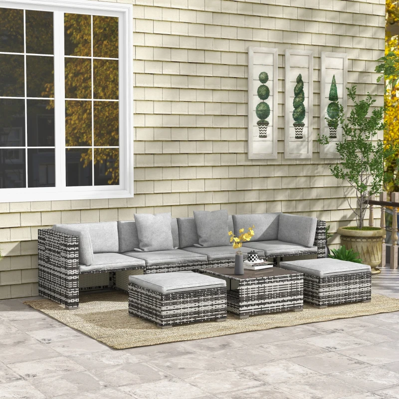 Outsunny Seven-Piece Rattan Patio Furniture Set, with Cushions - Grey