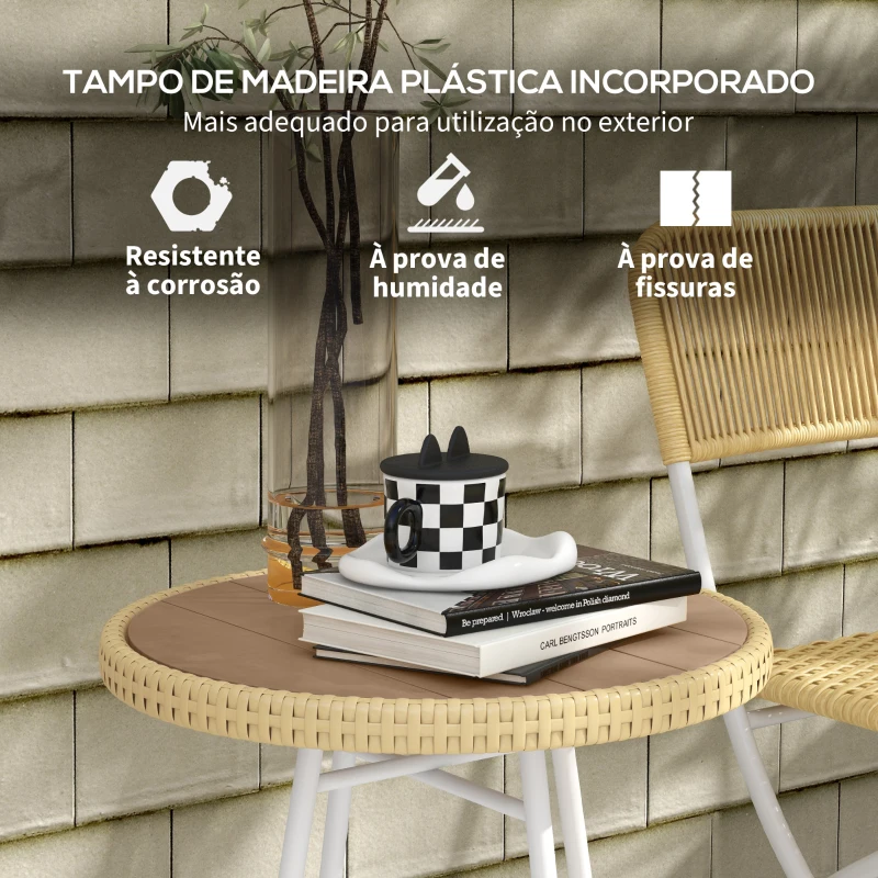 Outsunny Mesa Auxiliar de Vime Sintético com Bancada de Madeira Plástica e Estrutura de Aço Galvanizado 50x50x55 cm Madeira e Bege