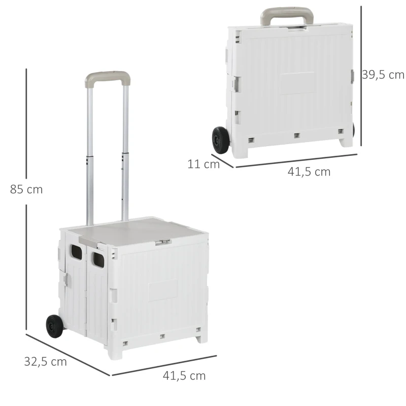 HOMCOM Carrinho de Armazenamento Dobrável Carrinho de Compras com 2 Rodas Capacidade 32L para Casa 41,5x32,5x85 cm Branco