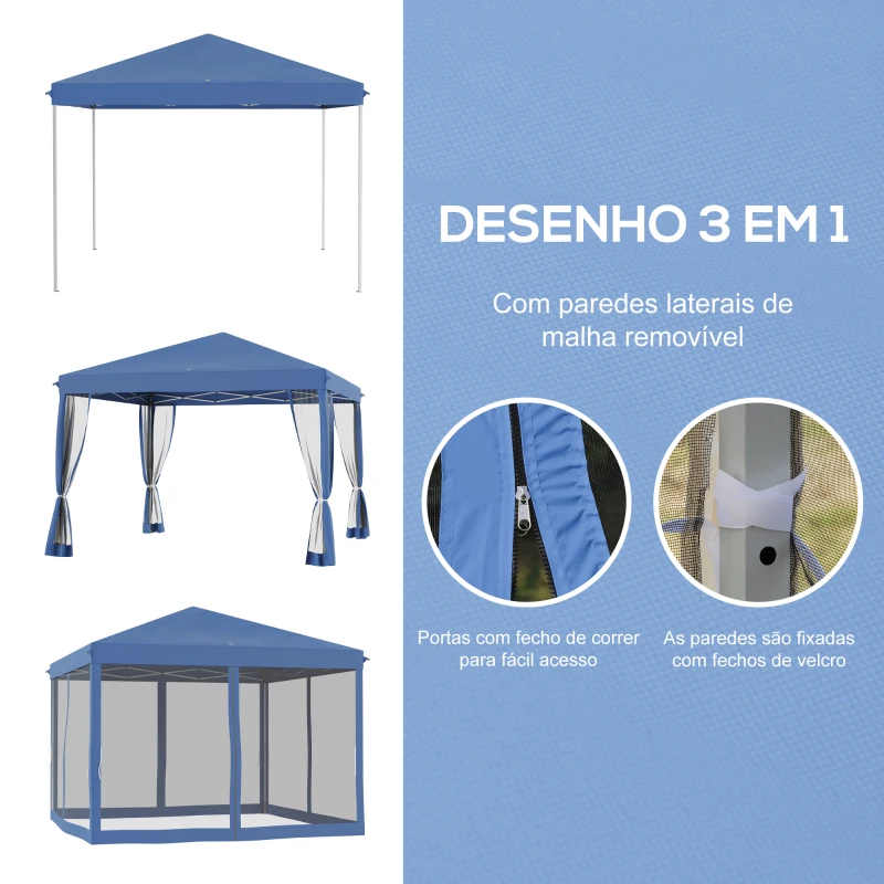 Outsunny Tenda Dobrável 295x295x260 cm com 4 Paredes Laterais de Malha 8 Orifícios de Drenagem e Bolsa de Transporte Azul