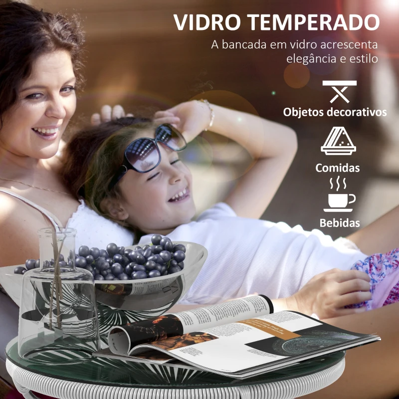 Outsunny Mesa Auxiliar de Vime Sintético para Exteriores com Bancada de Vidro Temperado e Pés de Metal Ø50x50 cm Cinza e e Preto