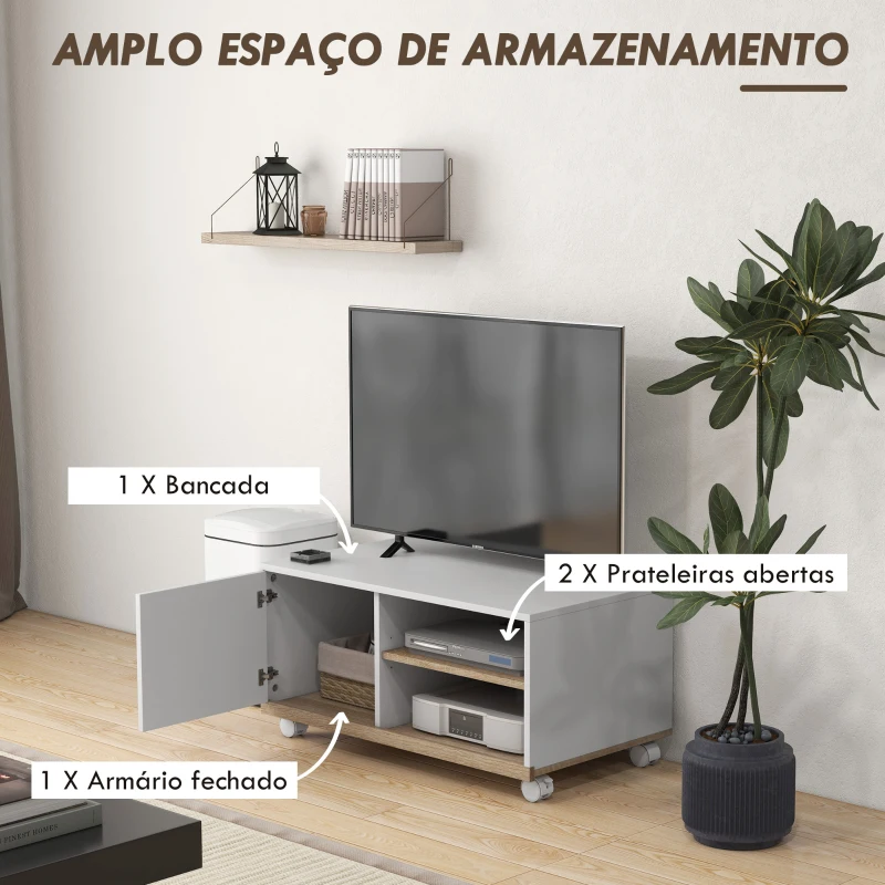 HOMCOM Móvel de TV Mesa de Sala de Estar Moderna de TV de 42 Polegadas com 4 Rodas 80x45x39,5 cm Branco
