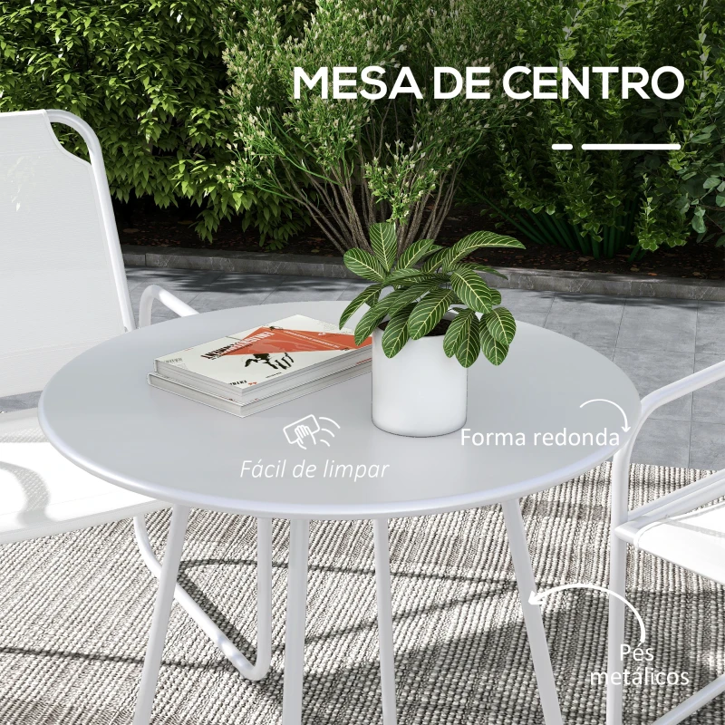 Outsunny Conjunto de Móveis de Jardim com 1 Mesa Redonda e 2 Cadeiras Estrutura de Aço e Apoio para os Braços Branco