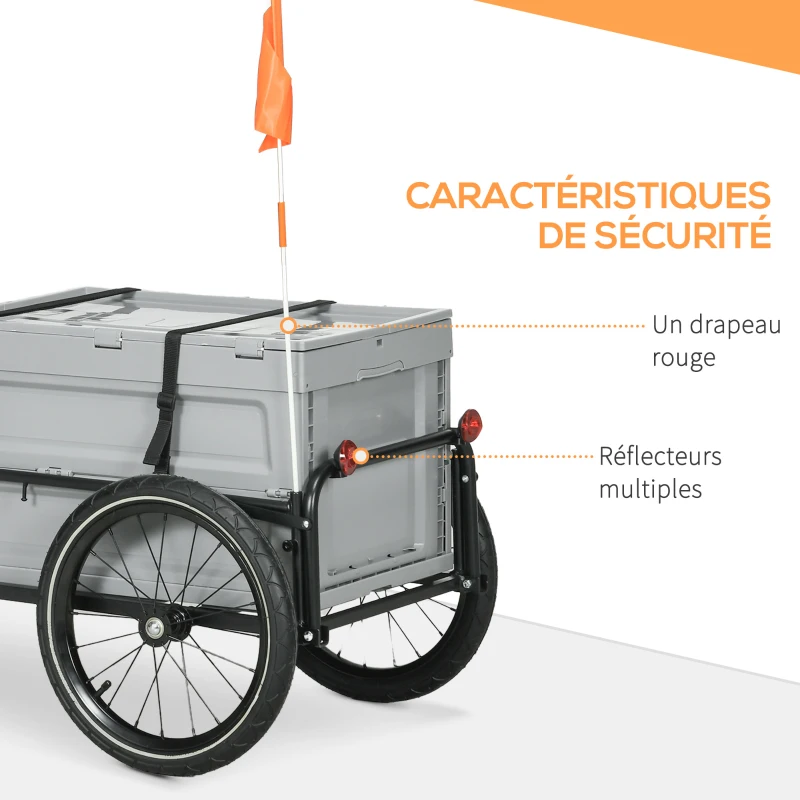 HOMCOM Remorque à vélo avec coffre de rangement amovible et pliable de 65L, réflecteurs de sécurité, charge max. 40KG, gris