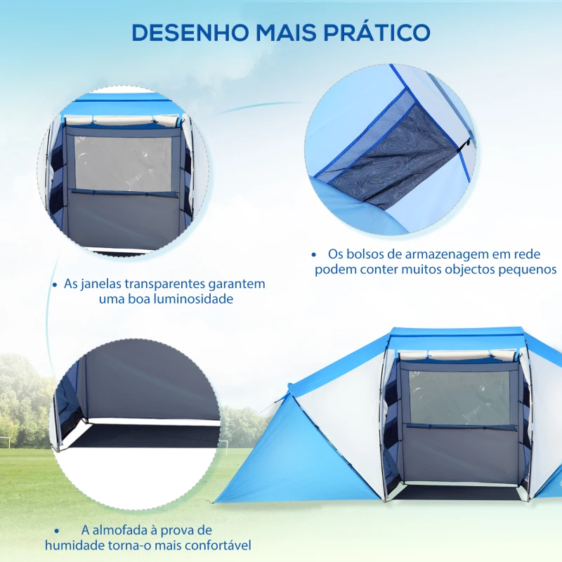 Outsunny Tenda de Campismo Familiar para 4 Pessoas Tenda Dobrável Impermeável para Praia Parque 430x240x170 cm Azul e Branco