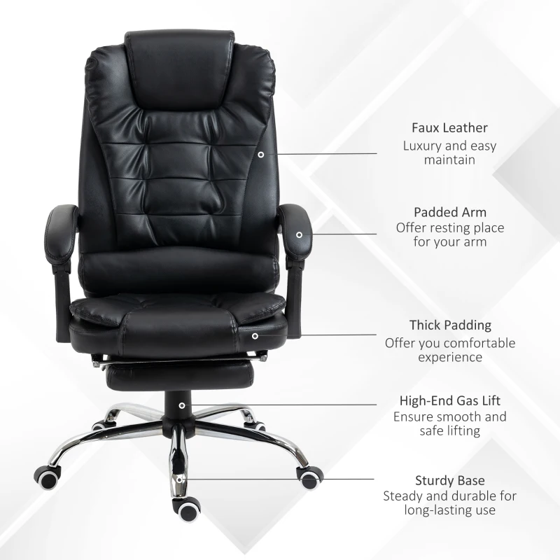 HOMCOM Executive Office Chair, PU Leather Home Office Chair with Swivel Wheels, Reclining Backrest, Retractable Footrest, Black(m-7)