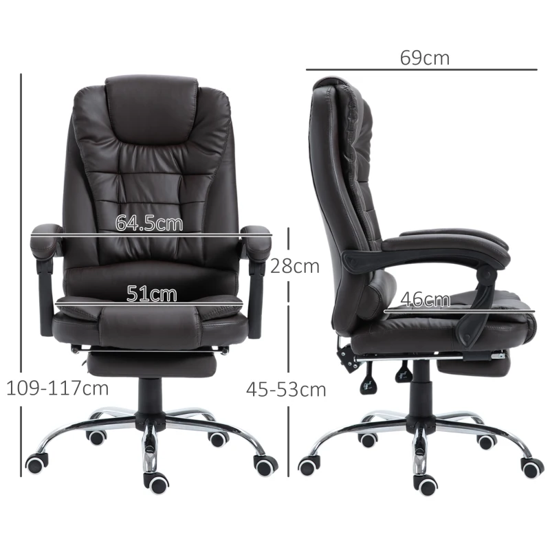 HOMCOM PU Leather Executive Office Chair, High Back Swivel Chair with Retractable Footrest, Adjustable Height, Reclining Function, Brown(m-3)