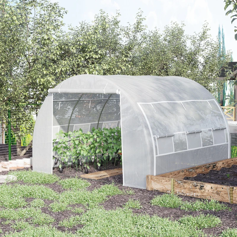 Outsunny 3 x 3 x 2 m Polytunnel Greenhouse with Roll-up Side Walls, Walk-in Grow House Tent with Steel Frame, Reinforced Cover, Zipped Door, and 6 Mesh Windows for Garden, White
