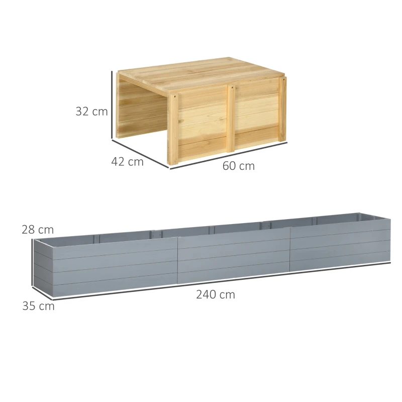 Outsunny Houten plantenbak met zitbank, weerbestendig, 240 cm x 42 cm x 32 cm, Blauw + Natuurlijk