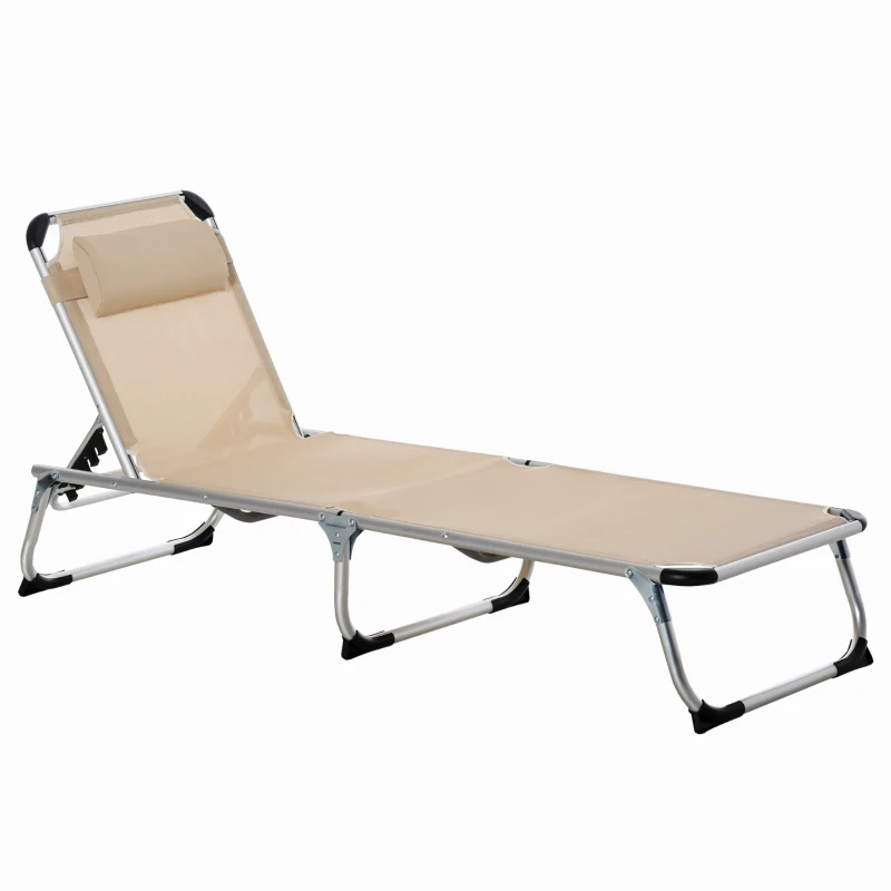 Outsunny Foldable Outdoor Sun Lounger, Reclining Lounge Chair Camping Bed Cot with Pillow 4-Level Adjustable Back Aluminium Frame, Khaki