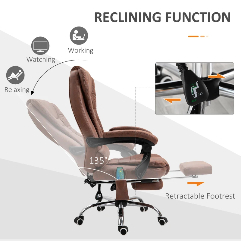 Vinsetto Office Chair with 6 Point Massage and Back Heat, Microfiber Desk Chair with Footrest Adjustable Height and Swivel Wheels, Back Reclining, Brown