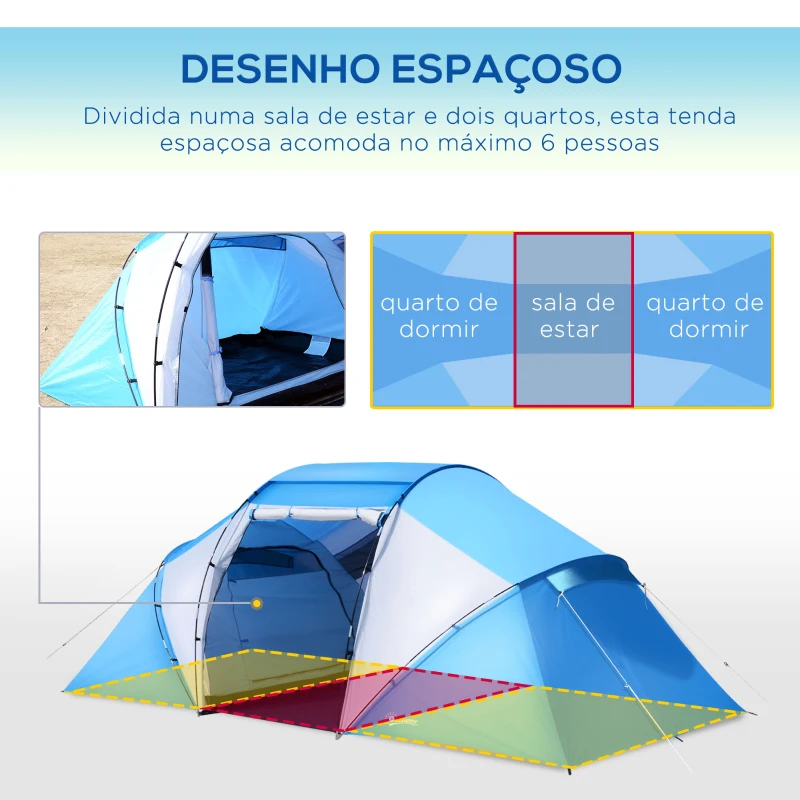 Outsunny Tenda de Campismo Familiar para 4 Pessoas Tenda Dobrável Impermeável para Praia Parque 430x240x170 cm Azul e Branco