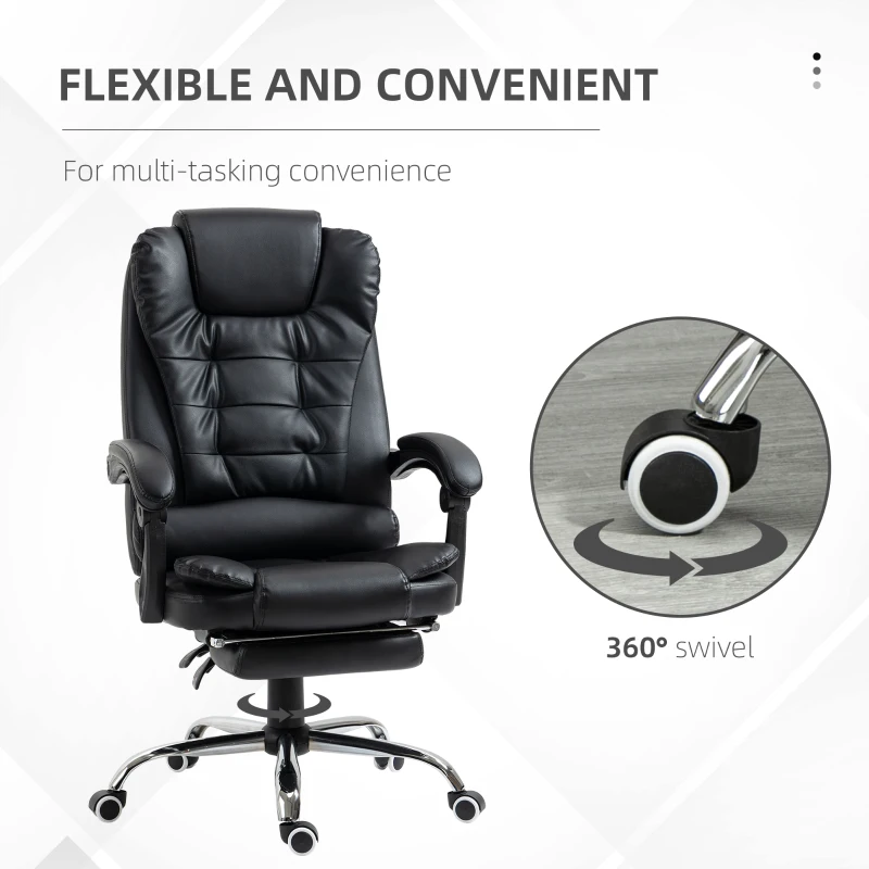 HOMCOM Executive Office Chair, PU Leather Home Office Chair with Swivel Wheels, Reclining Backrest, Retractable Footrest, Black(m-6)