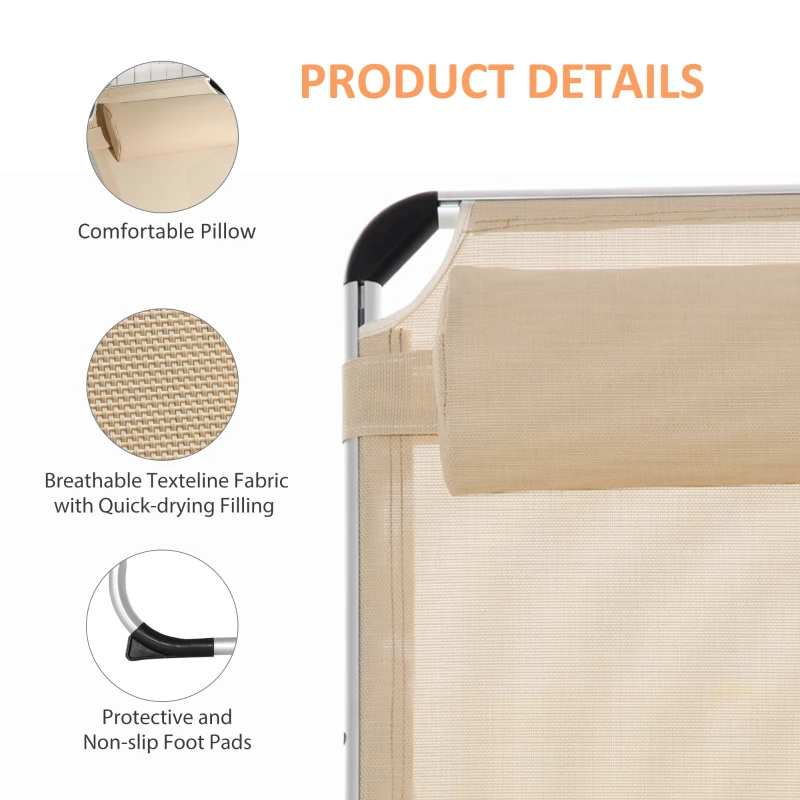 Outsunny Foldable Outdoor Sun Lounger, Reclining Lounge Chair Camping Bed Cot with Pillow 4-Level Adjustable Back Aluminium Frame, Khaki