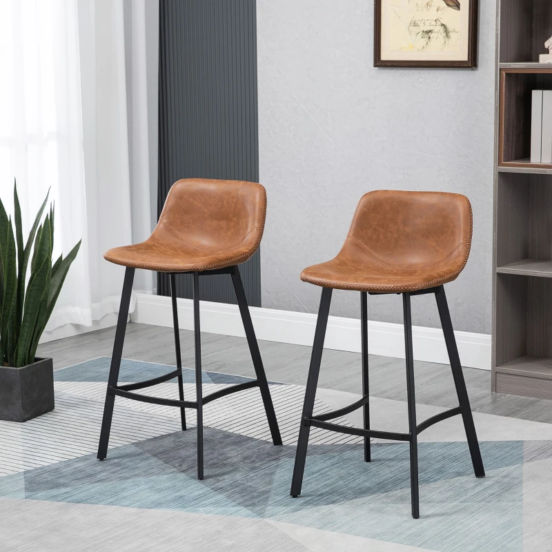 HOMCOM Bar Stools Set of 2 - Industrial Kitchen Stool, Upholstered Bar Chairs with Back, Steel Legs, Brown(m-10)