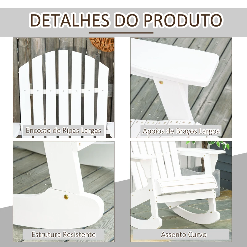 Outsunny Cadeira Baloiço Cadeira Adirondack de Madeira Natural 77x94x97 cm para Jardim Varanda Exterior de Estilo Rústico Branco