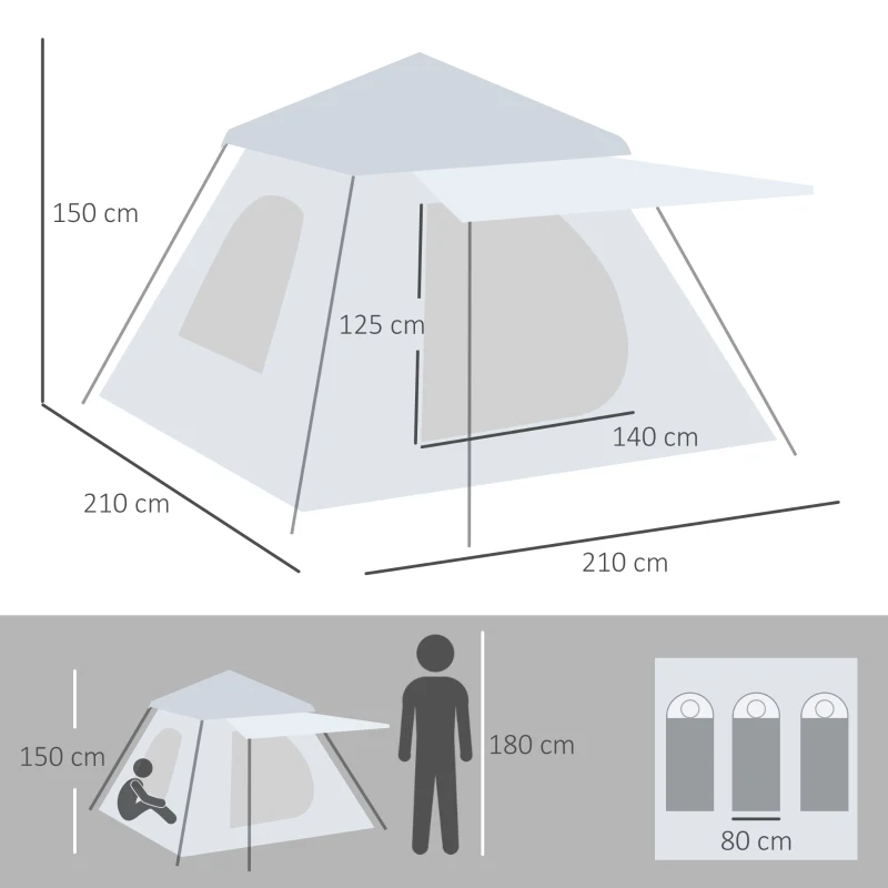 Outsunny Tenda de Campismo para 2-3 Pessoas Impermeável PU2000 mm Proteção UV50+ com Bolsa de Transporte 210x210x150 cm Prata
