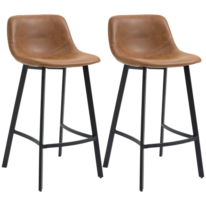 HOMCOM Bar Stools Set of 2 - Industrial Kitchen Stool, Upholstered Bar Chairs with Back, Steel Legs, Brown(m-11)