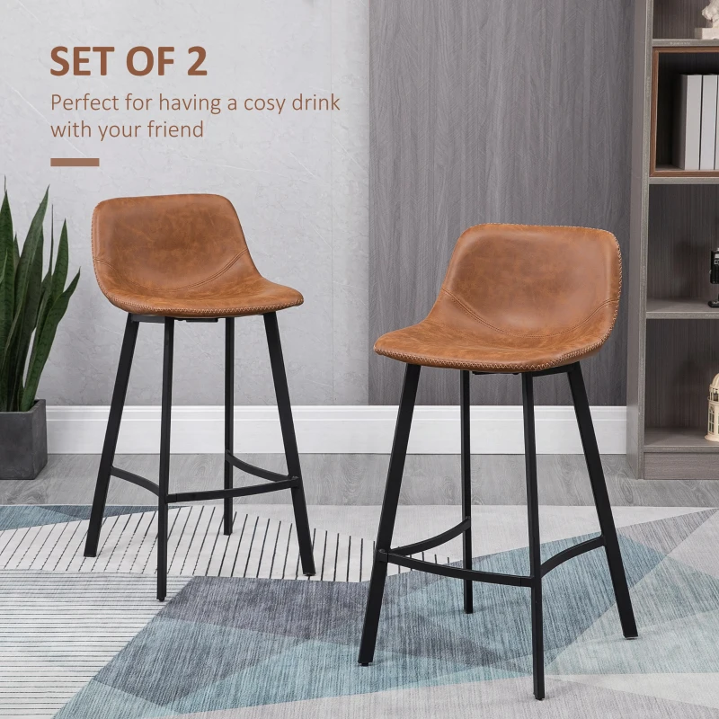 HOMCOM Bar Stools Set of 2 - Industrial Kitchen Stool, Upholstered Bar Chairs with Back, Steel Legs, Brown(m-4)