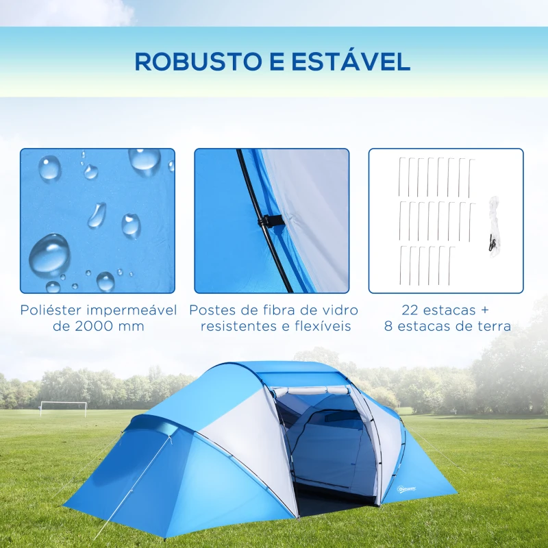Outsunny Tenda de Campismo Familiar para 4 Pessoas Tenda Dobrável Impermeável para Praia Parque 430x240x170 cm Azul e Branco