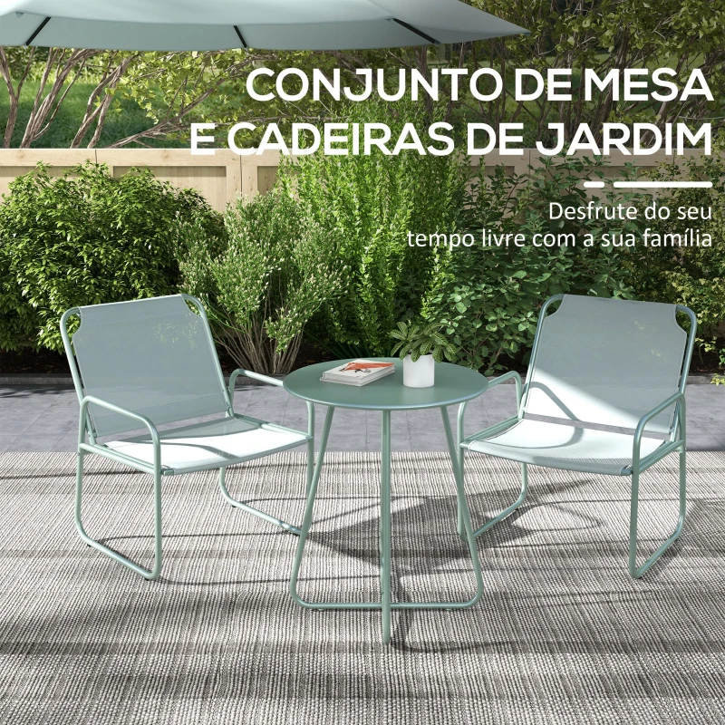 Outsunny Conjunto de Móveis de Jardim com 1 Mesa Redonda e 2 Cadeiras Estrutura de Aço e Apoio para os Braços Verde