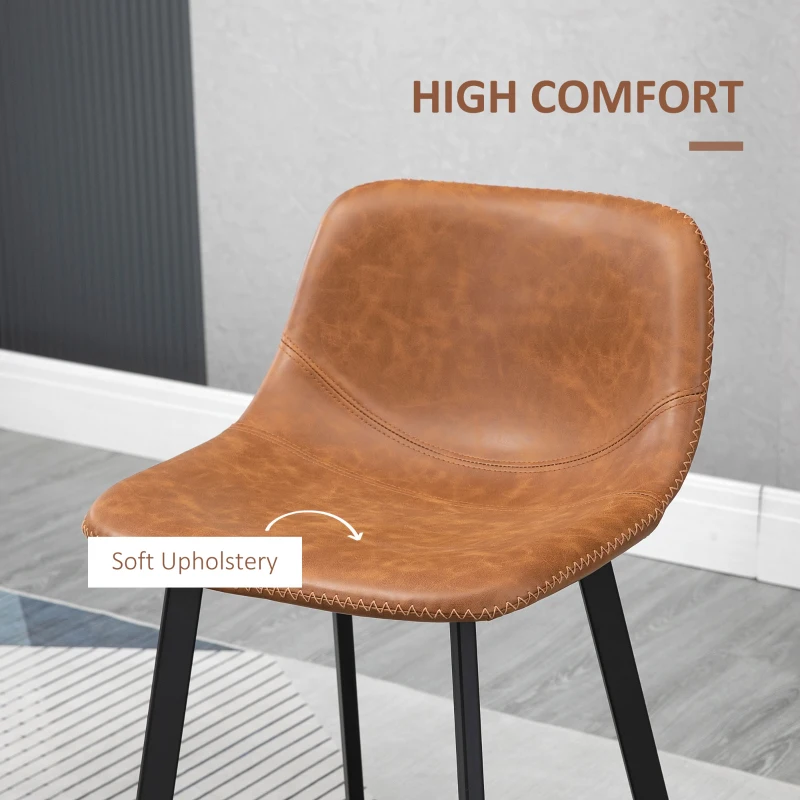 HOMCOM Bar Stools Set of 2 - Industrial Kitchen Stool, Upholstered Bar Chairs with Back, Steel Legs, Brown(m-5)