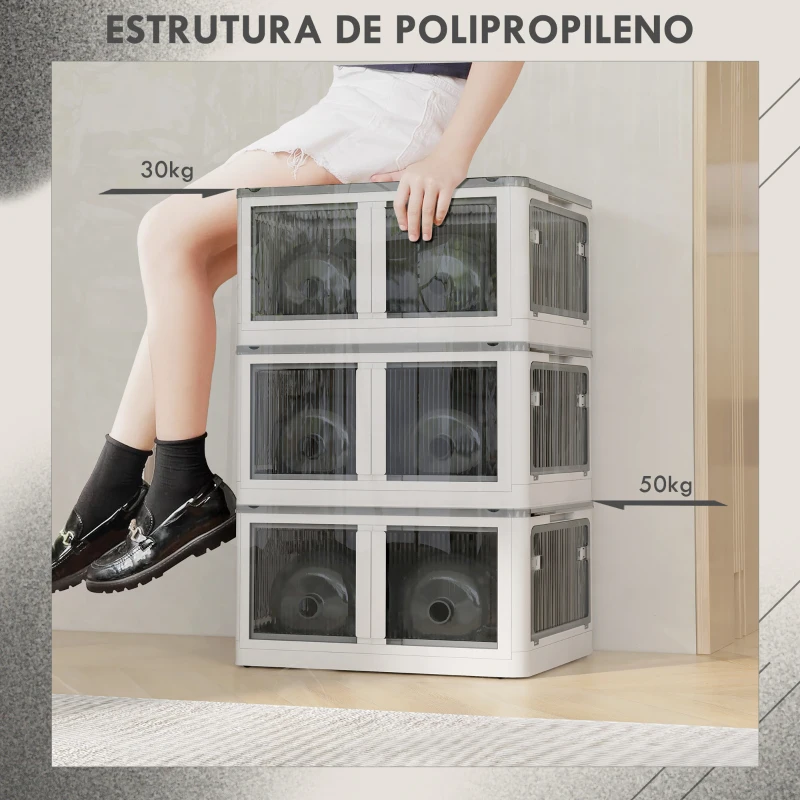 HOMCOM Caixa de Armazenamento Empilhável com Tampa 69L Caixa Organizadora Dobrável com Rodas 60x42x34 cm Branco