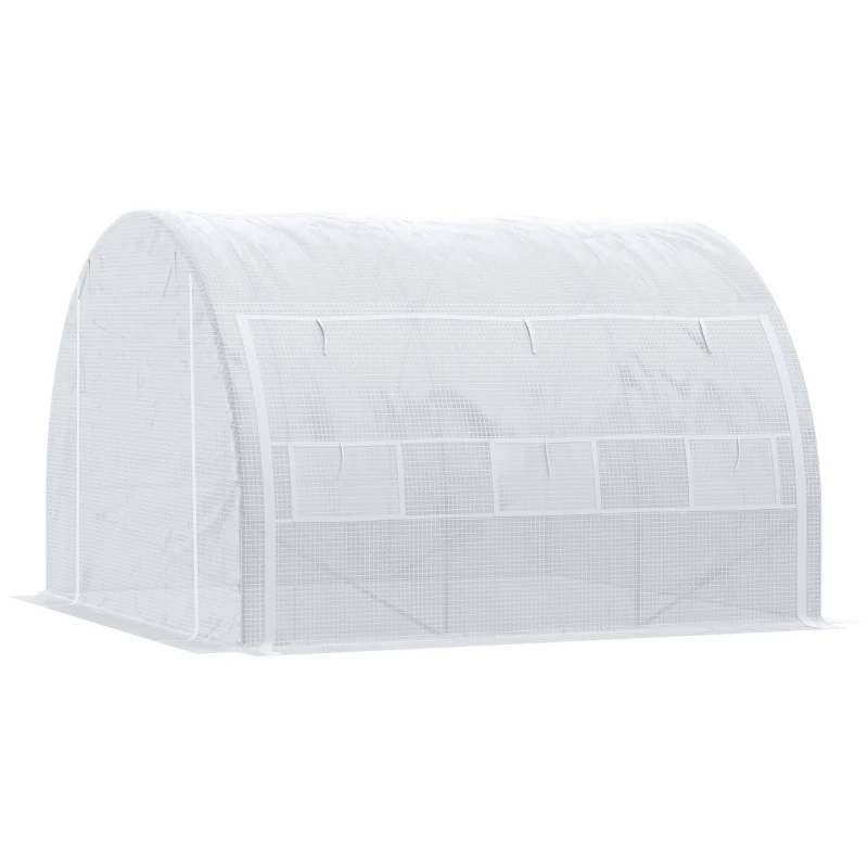 Outsunny 3 x 3 x 2 m Polytunnel Greenhouse with Roll-up Side Walls, Walk-in Grow House Tent with Steel Frame, Reinforced Cover, Zipped Door, and 6 Mesh Windows for Garden, White