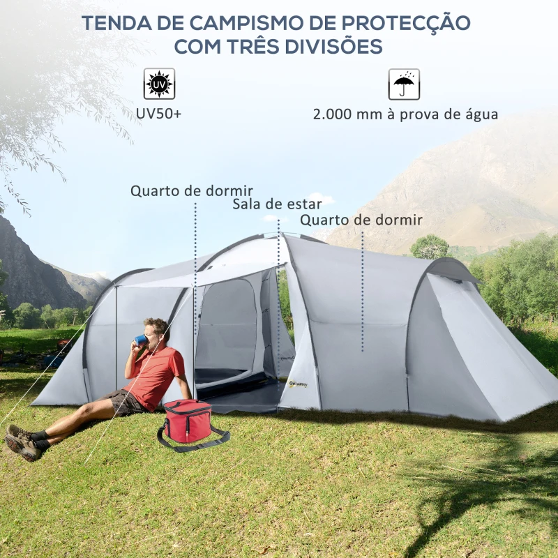 Outsunny Tenda de Campismo Familiar para 4-6 Pessoas Tenda Dobrável com 2 Janelas Impermeável Anti-UV 590x245x193 cm Cinza