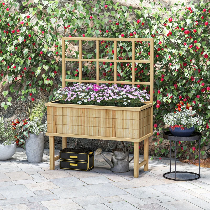 Outsunny 45 x 105cm Wooden Garden Planter, with Trellis - Natural