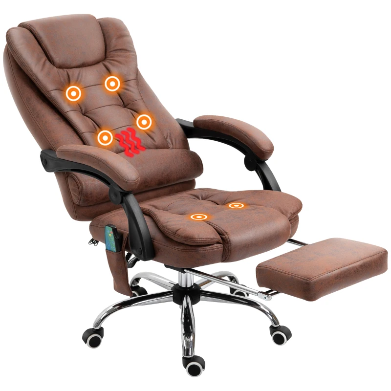 Vinsetto Office Chair with 6 Point Massage and Back Heat, Microfiber Desk Chair with Footrest Adjustable Height and Swivel Wheels, Back Reclining, Brown