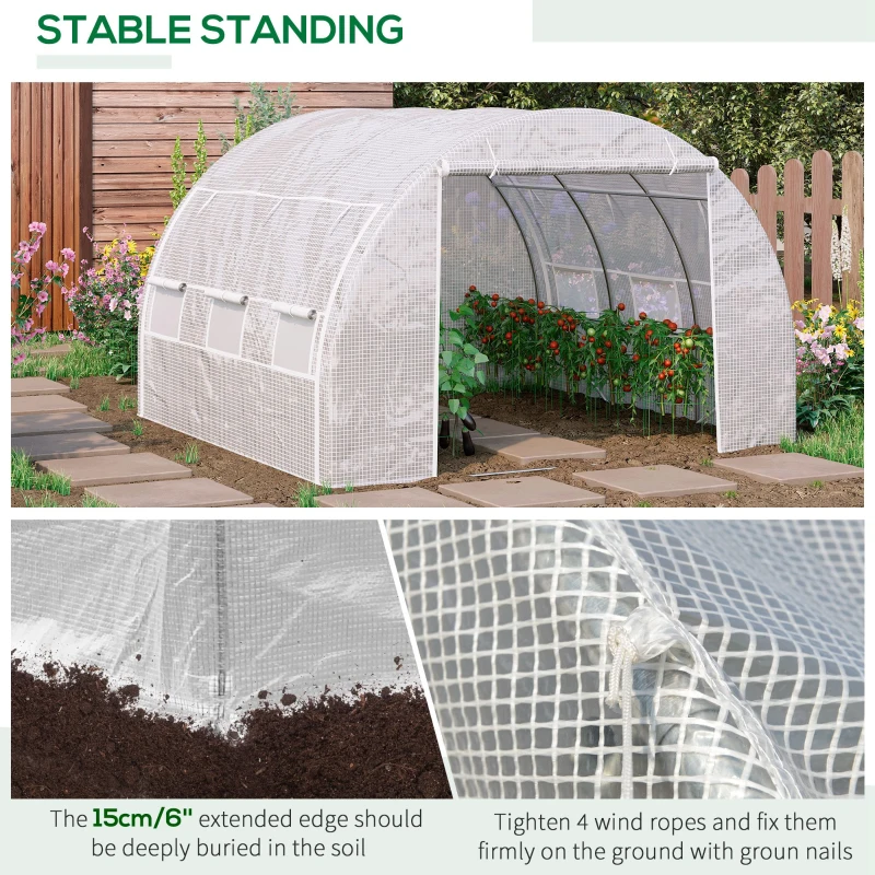 Outsunny 3 x 3 x 2 m Polytunnel Greenhouse with Roll-up Side Walls, Walk-in Grow House Tent with Steel Frame, Reinforced Cover, Zipped Door, and 6 Mesh Windows for Garden, White