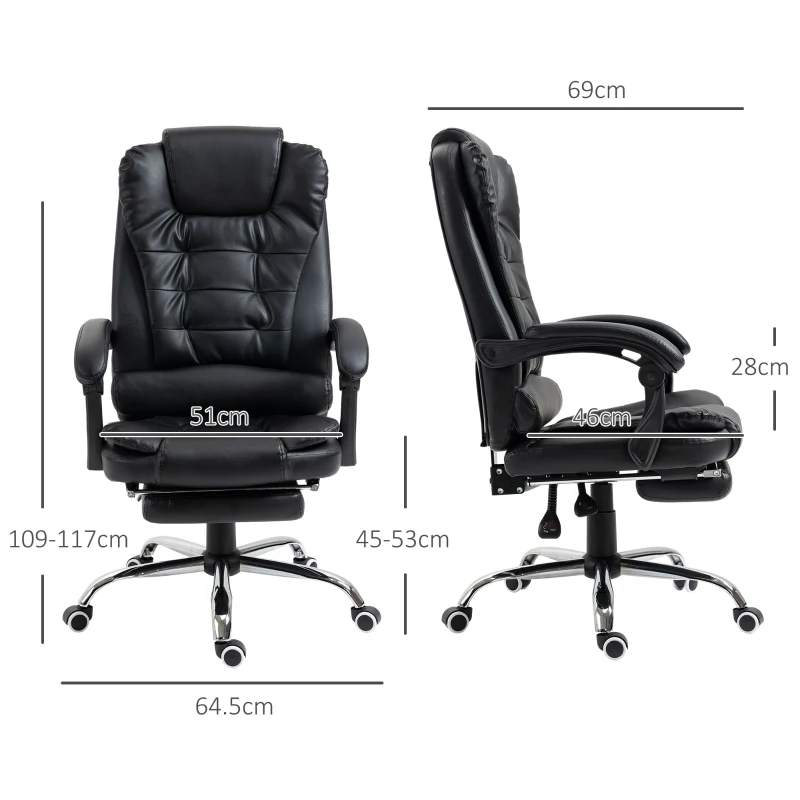 HOMCOM Executive Office Chair, PU Leather Home Office Chair with Swivel Wheels, Reclining Backrest, Retractable Footrest, Black(m-3)