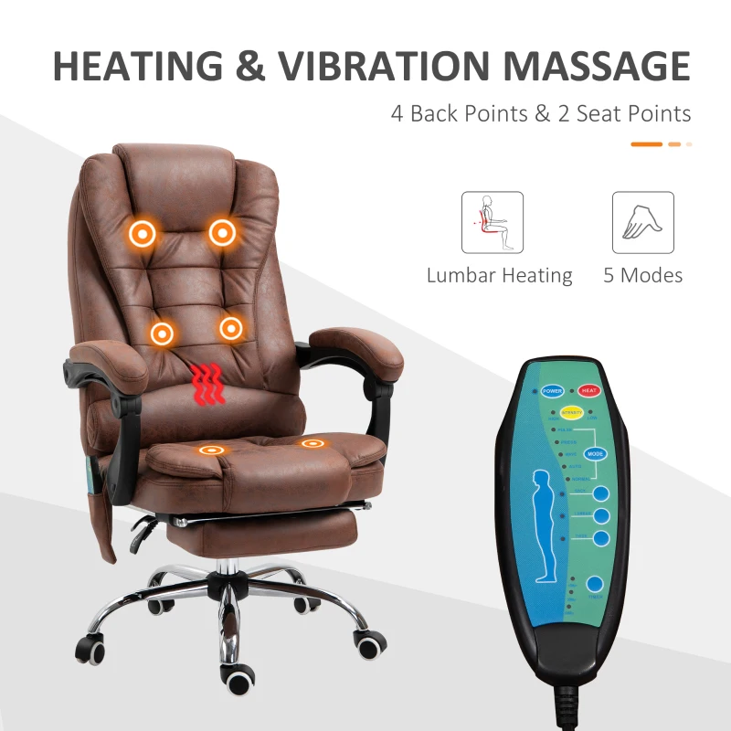Vinsetto Heated 6 Points Vibration Massage Executive Office Chair Adjustable Swivel Ergonomic High Back Desk Chair Recliner with Footrest Brown(m-5)