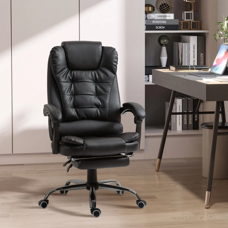 HOMCOM Executive Office Chair, PU Leather Home Office Chair with Swivel Wheels, Reclining Backrest, Retractable Footrest, Black(m-11)