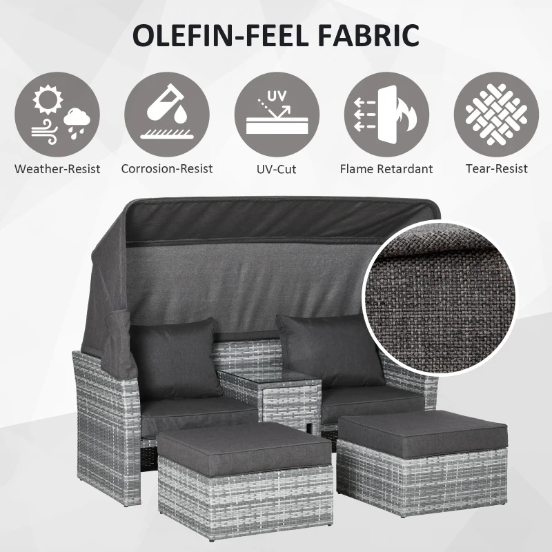 Outsunny 2-Seater Outdoor Rattan Daybed Sofa Footstool Coffee Table Set w/ Canopy, Cushion