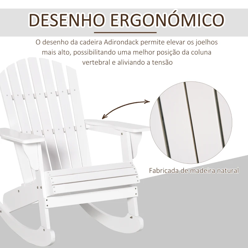 Outsunny Cadeira Baloiço Cadeira Adirondack de Madeira Natural 77x94x97 cm para Jardim Varanda Exterior de Estilo Rústico Branco